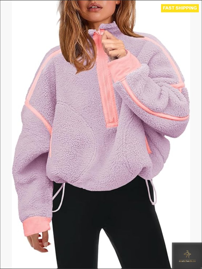 Womens Half Zip Sherpa Fleece Pullover Soft Oversized Sweatshirt With Pockets